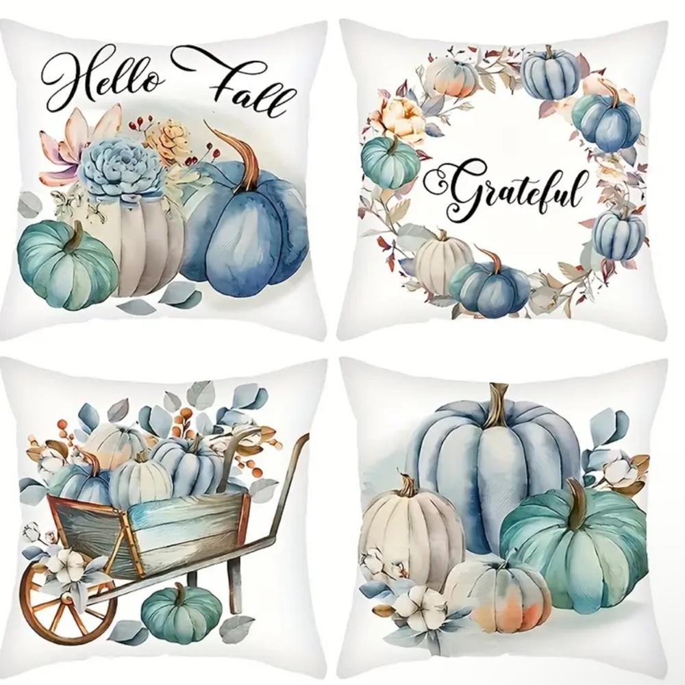 🎃NIP 4/pc/set pumpkins & florals Pillow Covers 🍂PILLOW COVERS ONLY Blue Color